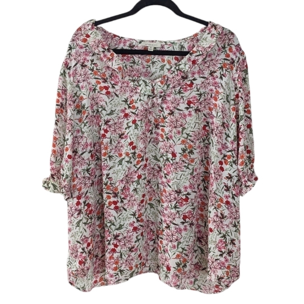 Alex & Lili ruffle floral pink greeen blouse 1X A9